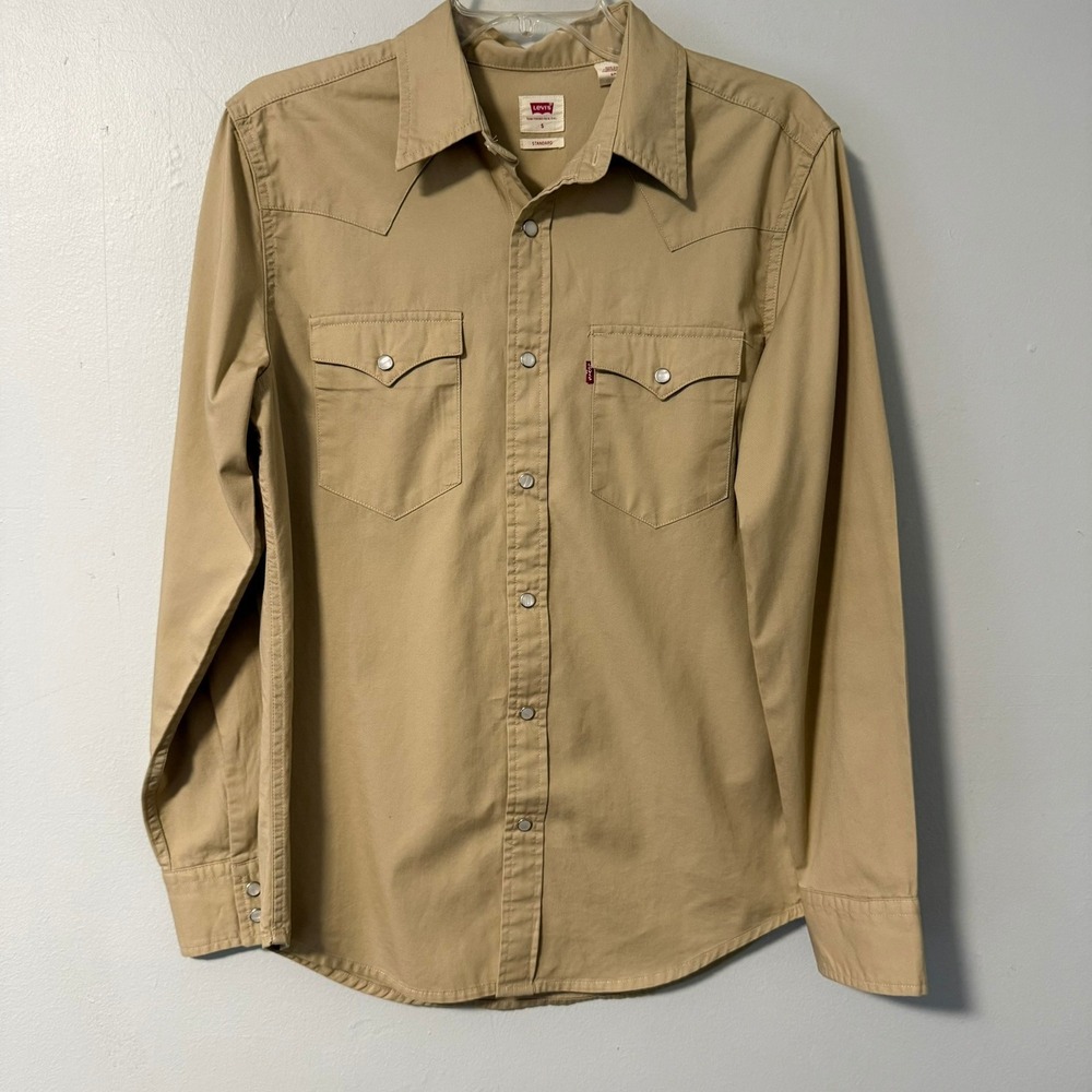 Levis Barstow Mens Tan Khaki Cotton Twill Long Sleeve Pearl Snap Western Shirt S